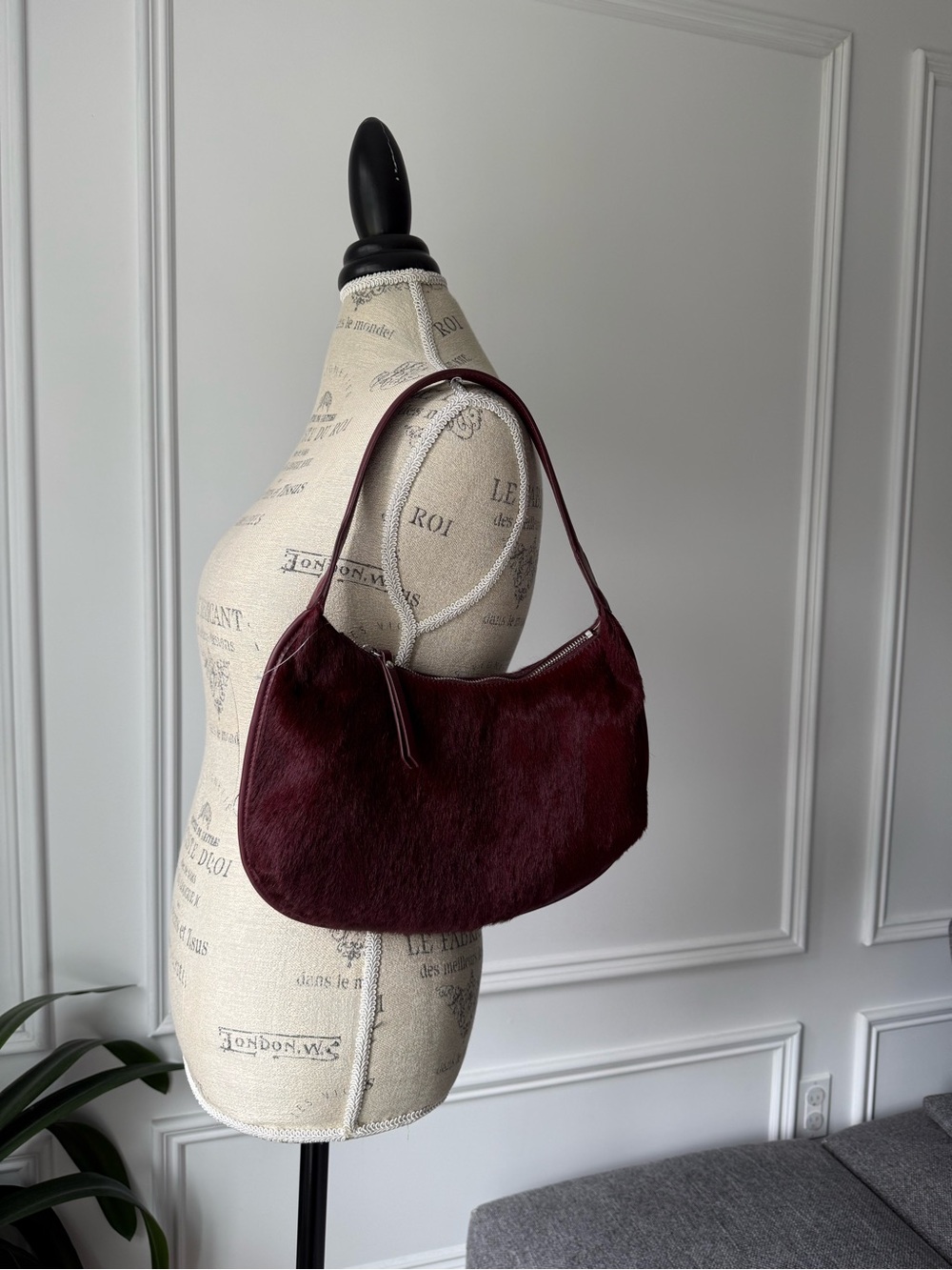 Burgundy Pony Hair Leather Half Moon Bag